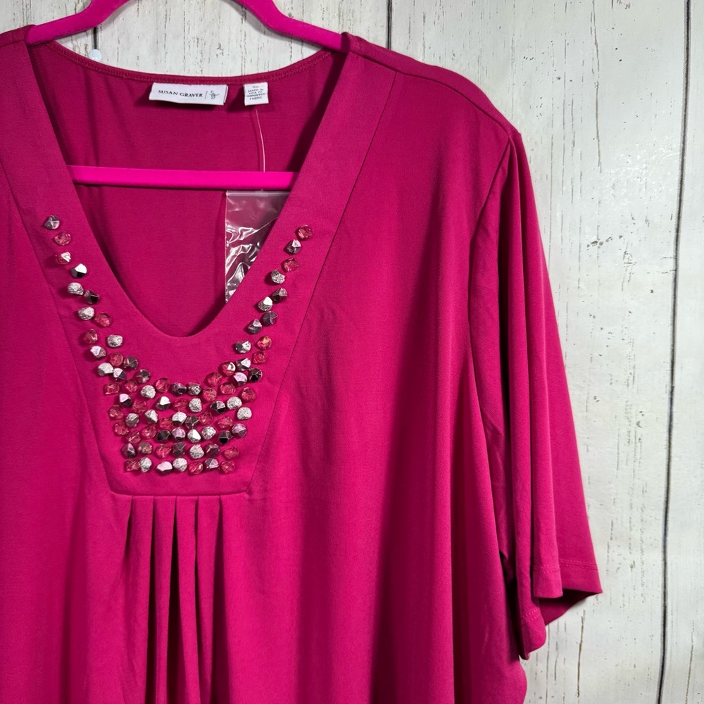 Susan Graver Liquid Knit Pink Embellished Tunic Top 3X Glam Resortwear Feminine - Picture 3 of 13